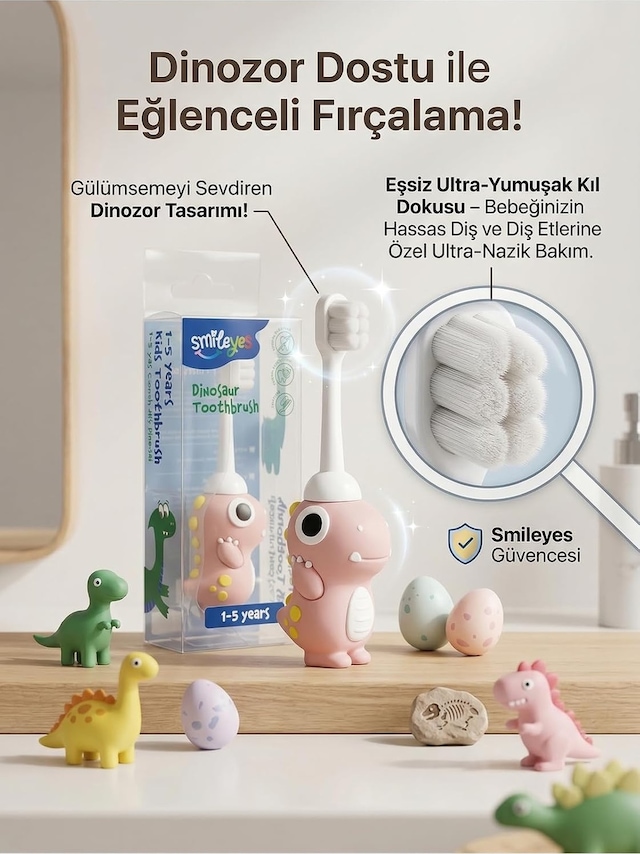 Tr Çocuk Diş Fırçası 1-5 Yaş Dinozor Figürlü Ultra Yumuşak Bebek Diş Fırçası 0-3 Yaş, Kaymaz Sap, Bpa