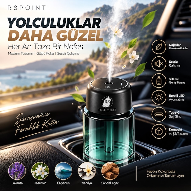 R8poınt Araç Koku Difüzörü Hava Nemlendiricisi 160 Ml Akıllı Aroma Atomizeri 200 Mah Şarjlı Type-c Led Işıklı 001