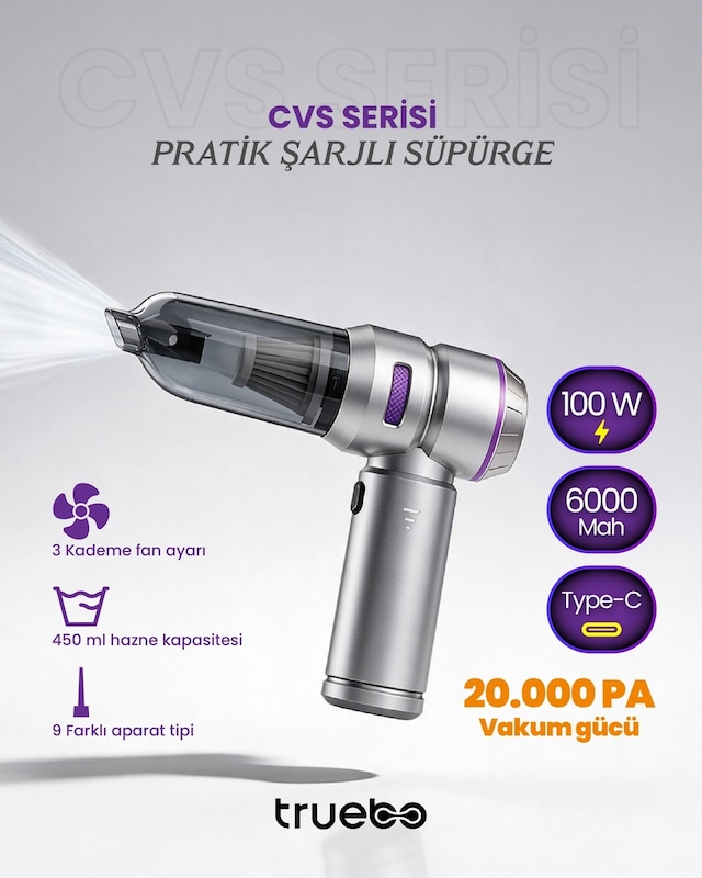 Truebo Cvs Serisi Pratik Şarjlı Araç İçi Süpürge 1