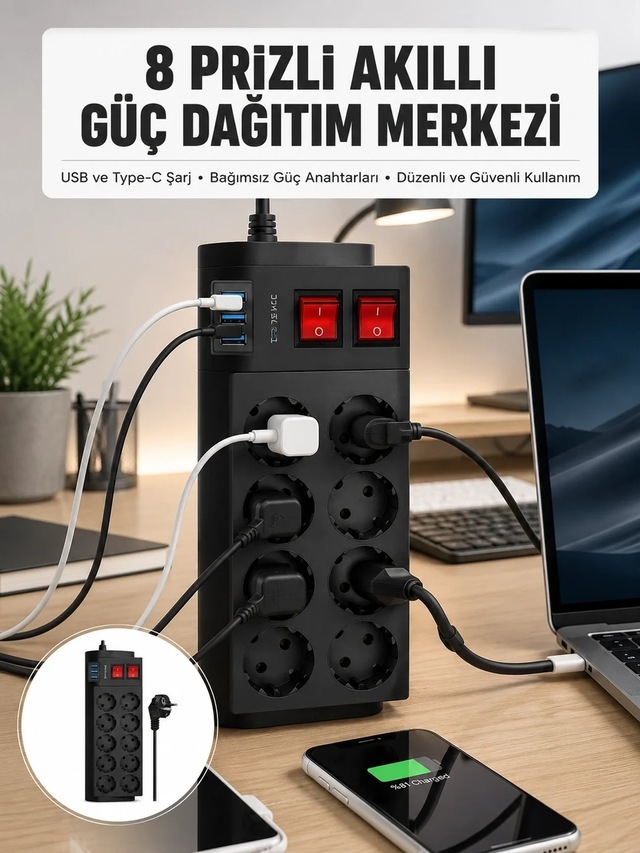 Ers 2 Metre Güçlü Çoklu Priz 8 Soket Yeni Nesil