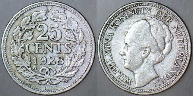 Hollanda 25 Cent 1928 Gümüş 3,56 Gr. Kraliçe Wilhelmina Dönemi.
