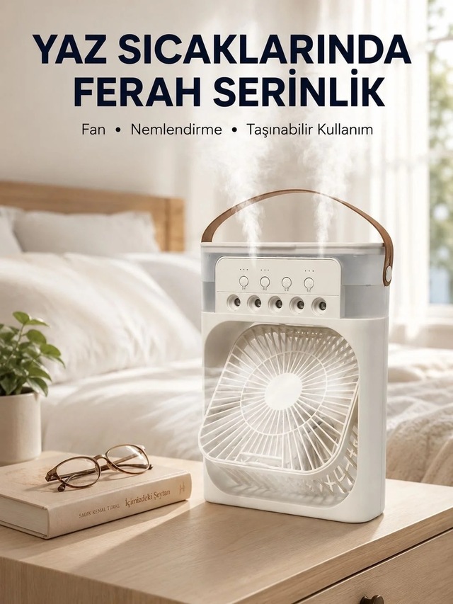 Ers Taşınabilir 3'ü 1 Arada Mini Fan Nemlendirici + Soğutucu + Gece Lambası Yeni Nesil