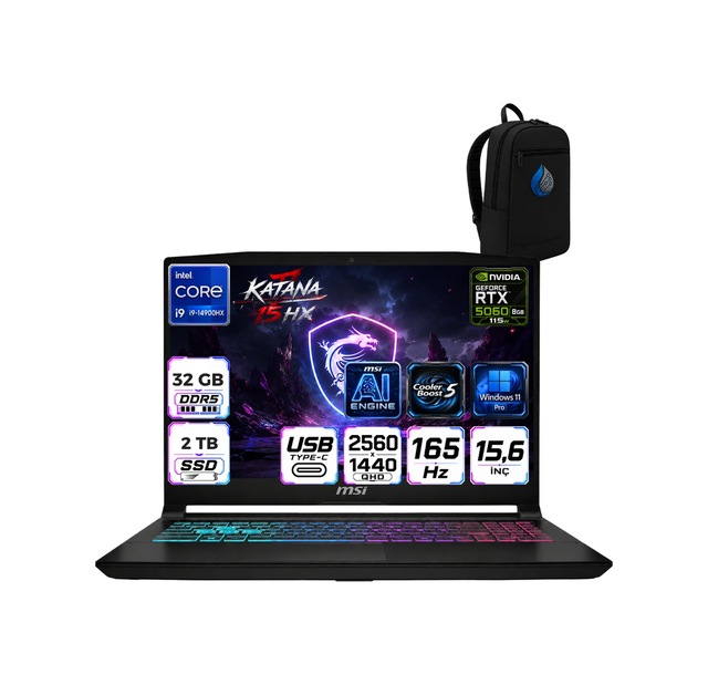 MSI Katana 15 HX B14WFK-450XTRRNP11 i9-14900HX 32 GB 2 TB SSD RTX5060 15.6″ W11P Dizüstü Bilgisayar + Çanta