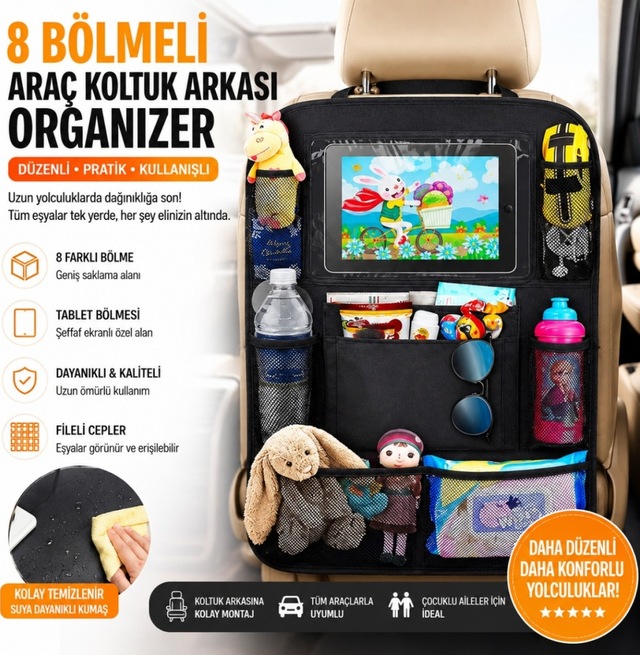 Polham 8 Bölmeli Araç Koltuk Arkası Organizer Tablet Bölmeli Fileli Oto Koltuk Arkası Eşya Düzenleyici