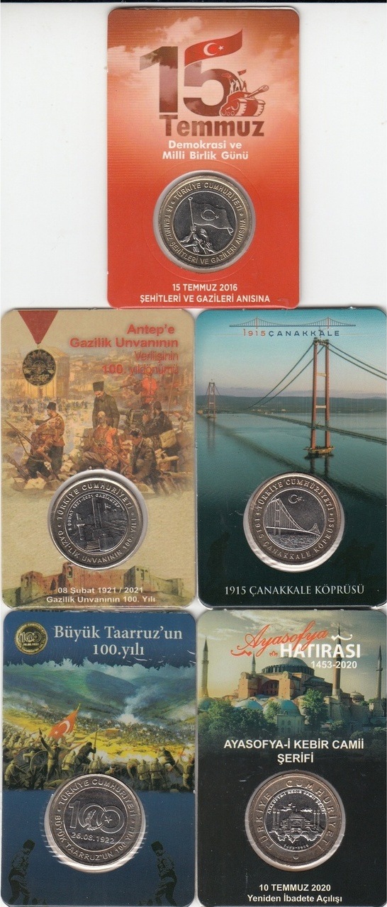 5''li Hatıra 1 Lira Para Kiti Seti, Ayasofya, Antep, Çanakkale, 15 Temmuz, Büyük Taaruz "çil"