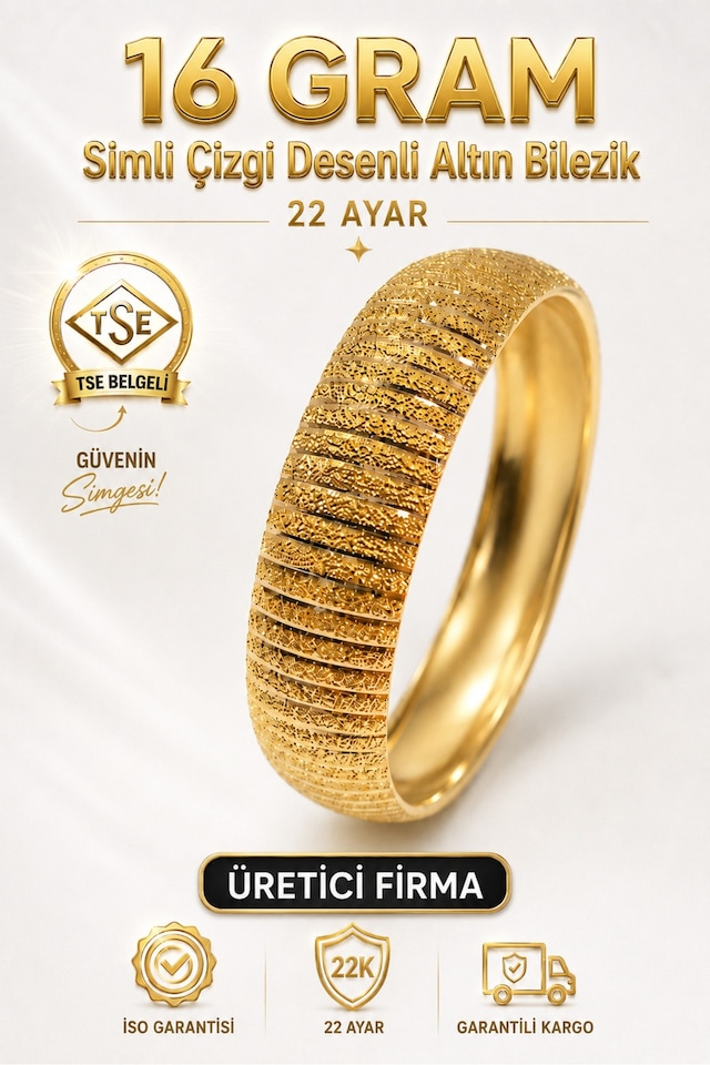 22 Ayar Tse Belgeli 16 Gram Simli Çizgi Desenli Altın Bilezik 15 Mm Gold Bilezik Düğün Nişan