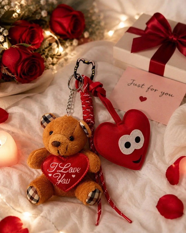 Ers 3 Lü Set Sevimli Ayıcık & Kalp Charm Anahtarlık Seti Çanta Aksesuarı - Kedili Kanca