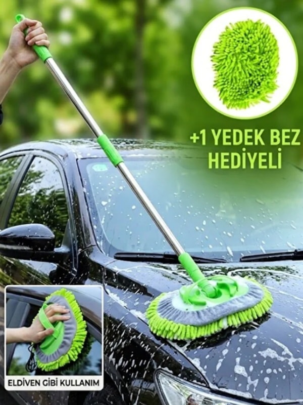 Mucit Home Araba Yıkama Fırçası Oto Yıkama Mop Mikrofiber Bezli Teleskopik Saplı 1 Yedek Bez