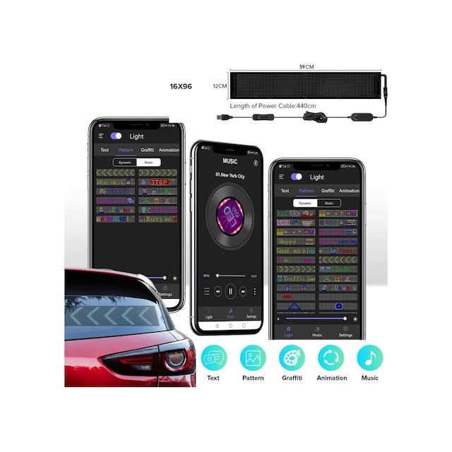 Led Matrix Panel Dijital Ekran Kumandalı App Kontrollü Oto Aksesuar Yayıncı Bilgisayar Odası 12x60cm 16x94