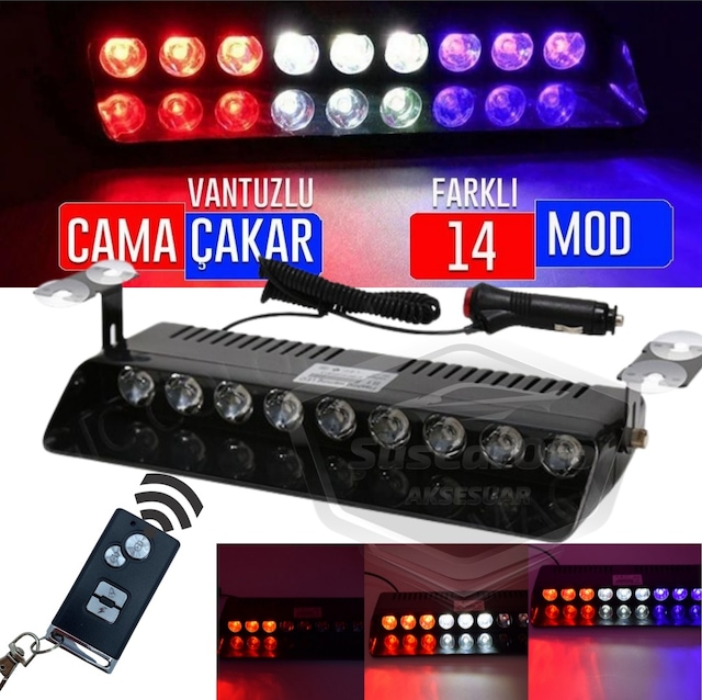 S1 Kumandalı Cam İçi Vantuzlu Polis Çakar 9 Ledli Kırmızı Beyaz Mavi 14 Mod Çakmaklık Girişli 00 Şüscaroto Aksesuar