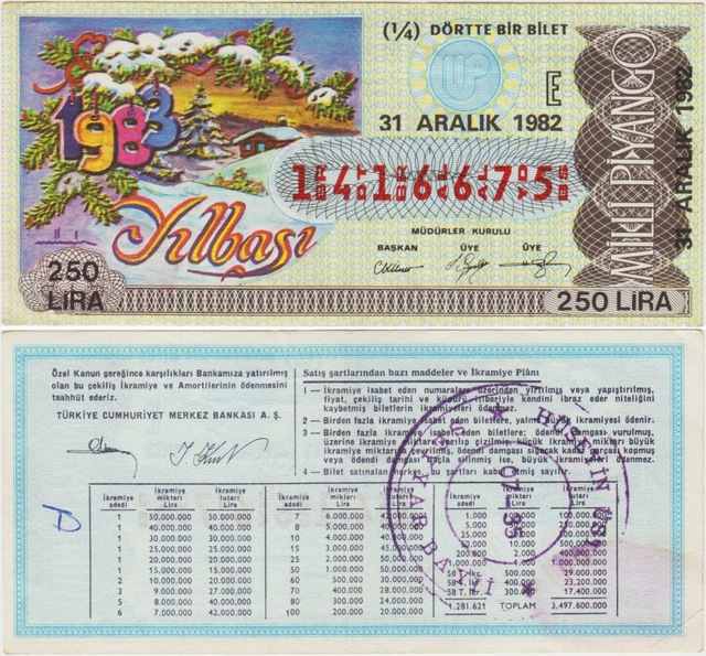 Eski Milli Piyango 31 Aralık 1982 Çeyrek 1/4 Bilet. Yılbaşı 250 Lira E Serisi. Teşhir Ürün