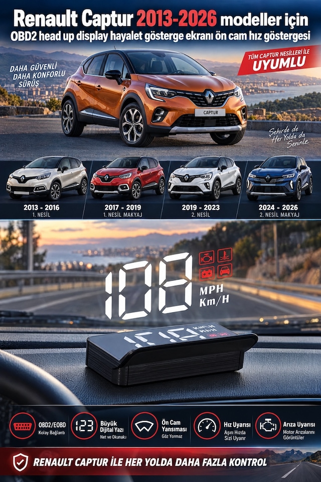Renault Captur 2013-2026 Modeller İçin Obd2 Head Up Display Hayalet Gösterge Ekranı Ön Cam Hız Göstergesi