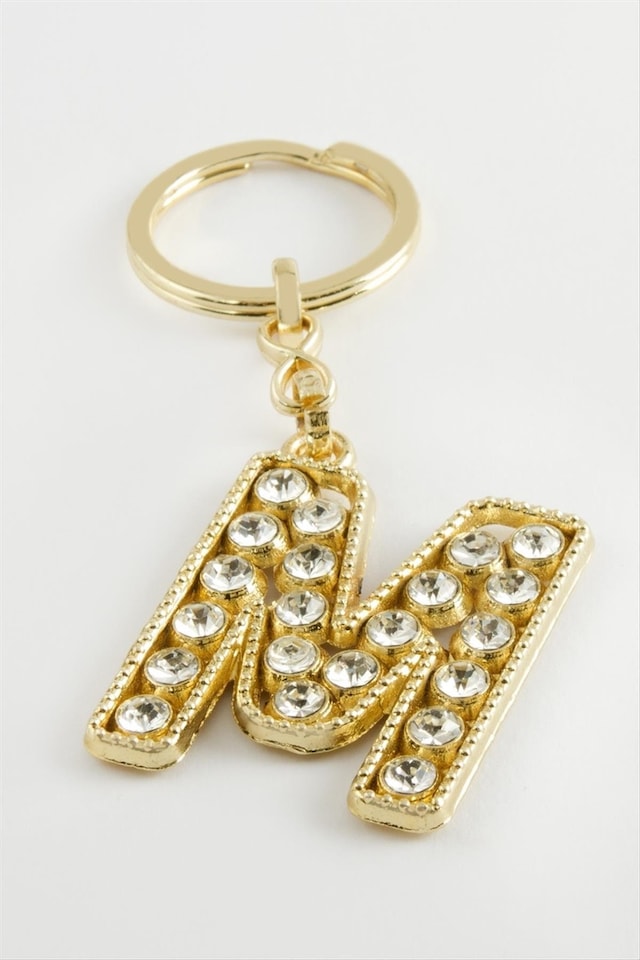 Sarı - 708 - Renkli Taşlı Harf - Spt-gld - Anahtarlık M