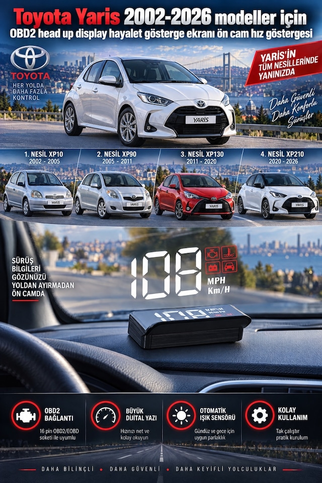 Toyota Yaris 2002-2026 Modeller İçin Obd2 Head Up Display Hayalet Gösterge Ekranı Ön Cam Hız Göstergesi