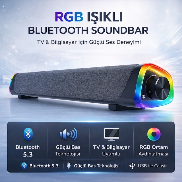 Polham Rgb Işıklı Bluetooth 5.3 Soundbar Hoparlör Güçlü Bas Aux 3.5mm Giriş Tv & Bilgisayar Ses Sistemi