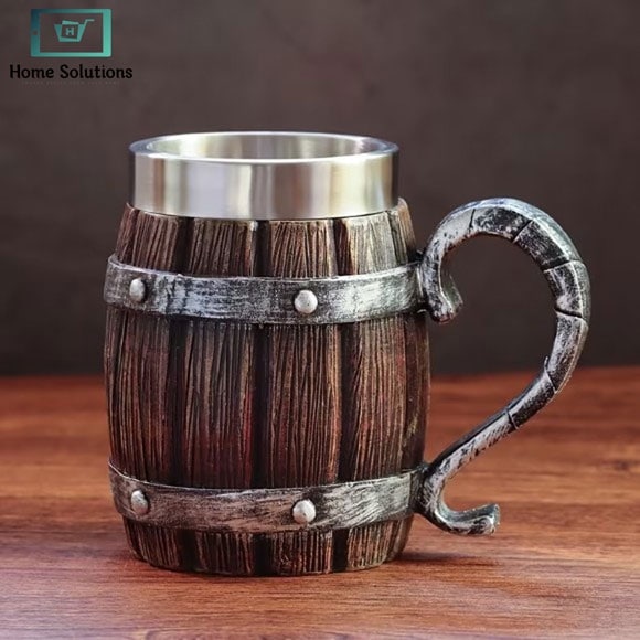 Ahşap Fıçı Görünümlü 380 Ml İçi Çelik Kupa Bardak - Viking Ve Orta Çağ Temalı Rustik Kupa