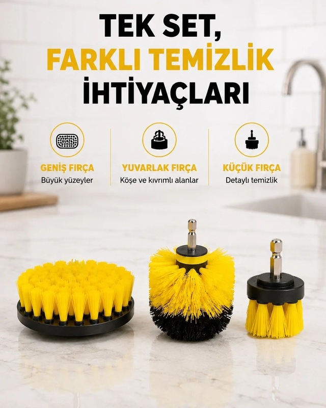 Ers 3 Lü Matkap Temizlik Fırçası Seti Banyo, Mutfak Ve Araç Jantı İçin Etkili Yeni Nesil