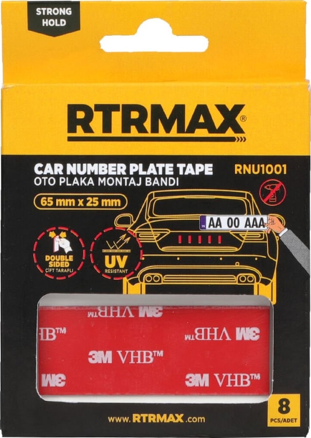 Rtrmax RNU1001 Çift Taraflı Oto Plaka Montaj Bandı 65 mm x 25 mm - 8 Adet