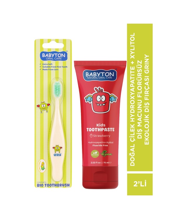 Set Çilek Hydroxyapatite + Xylitol Diş Macunu 75 Ml - Ekolojik Diş Fırçası Griny 2'li