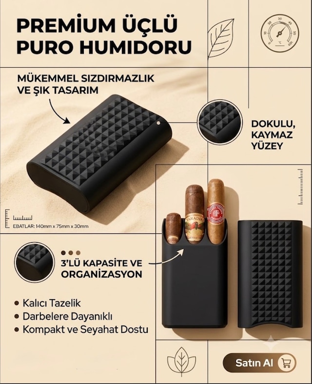Modüler Plastik Puro Taşıma Kutusu 3'lü Ayarlanabilir Kapaklı Şık Puro Saklama Kılıfı Premium Kalite Siyah