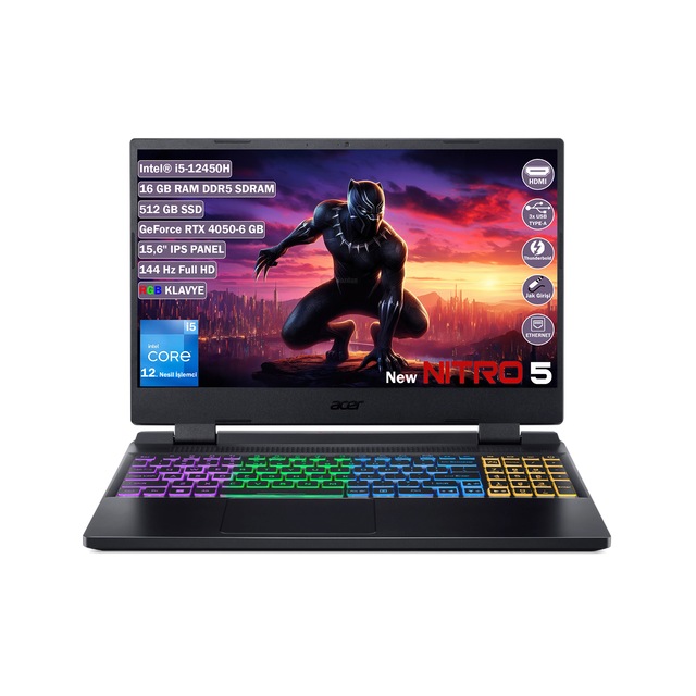 Acer Nitro 5 AN515-58 NH.QLZEY.007+165 i5-12450H 16 GB 512 GB SSD RTX4050 15.6" Dos FHD Dizüstü Bilgisayar