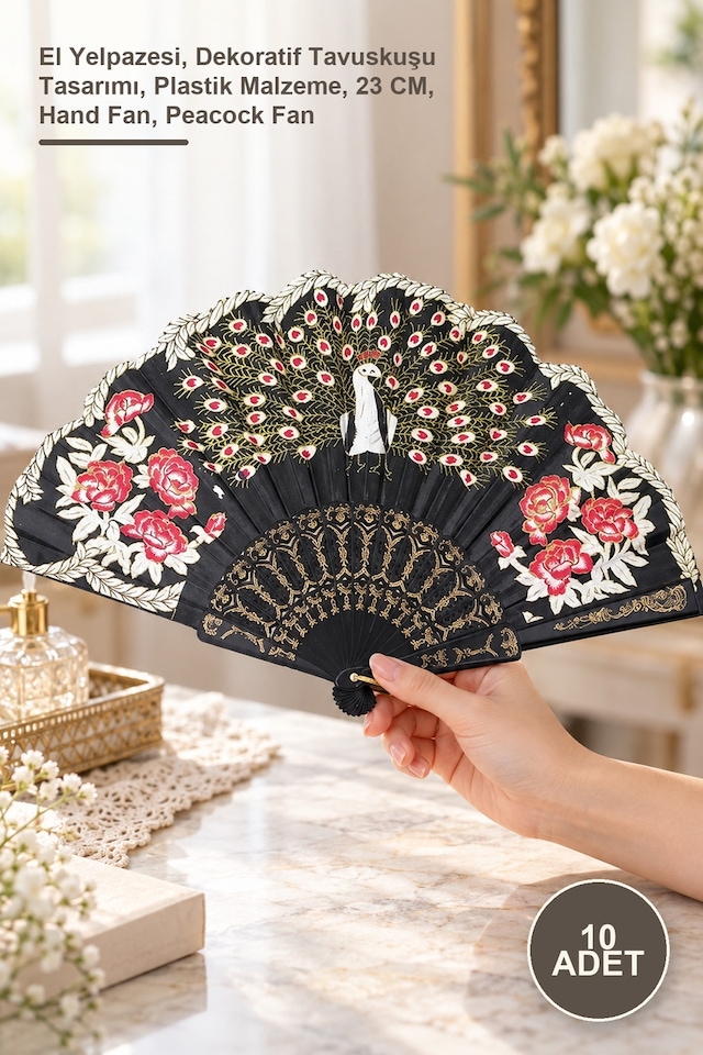 10 Adet Plastik Tavuskuşu Yelpaze El Yelpazesi, Dekoratif Tavuskuşu Tasarımı, Plastik Malzeme, 23 Cm, Hand Fan, Peacock Fan