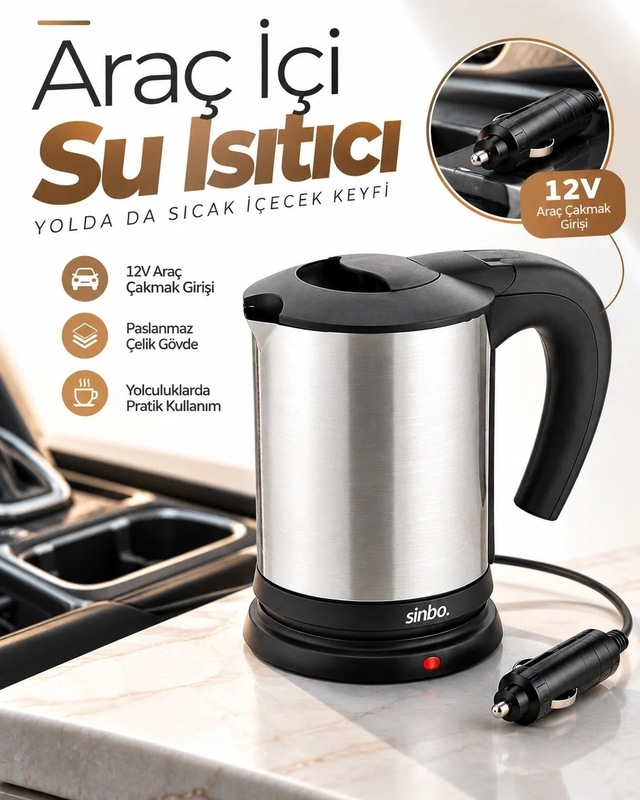 Lbk Araçta Sıcak Su Hazırlamak İçin 12v Çakmak Girişli Paslanmaz Çelik Su Isıtıcı Kettle