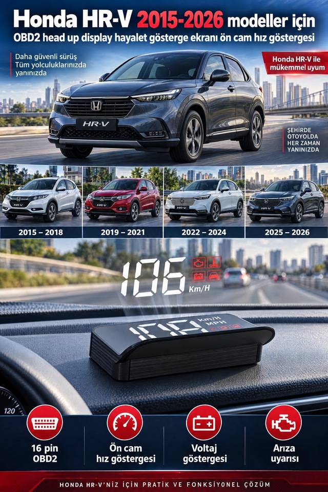 Honda Hr-v 2015-2026 Modeller İçin Obd2 Head Up Display Hayalet Gösterge Ekranı Ön Cam Hız Göstergesi
