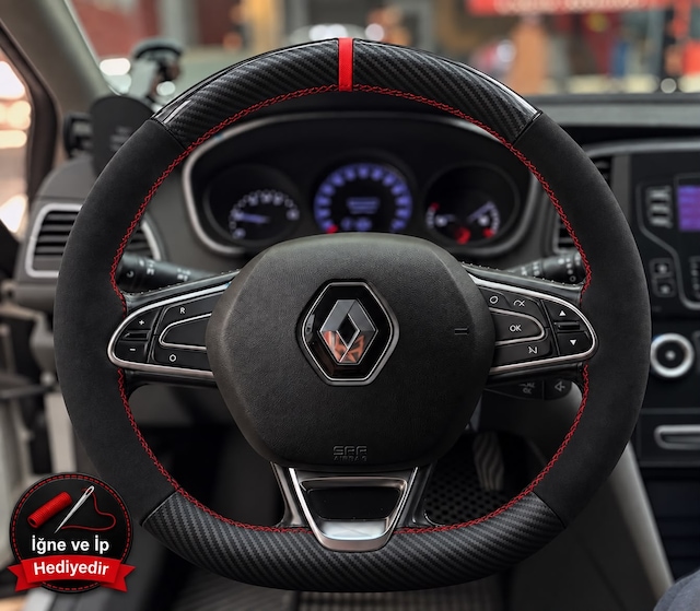 Renault Kadjar Dikme Direksiyon Kılıfı Alcantara Süet Mat Karbon Kırmızı Yüzük Ve Dikiş 2015-2022
