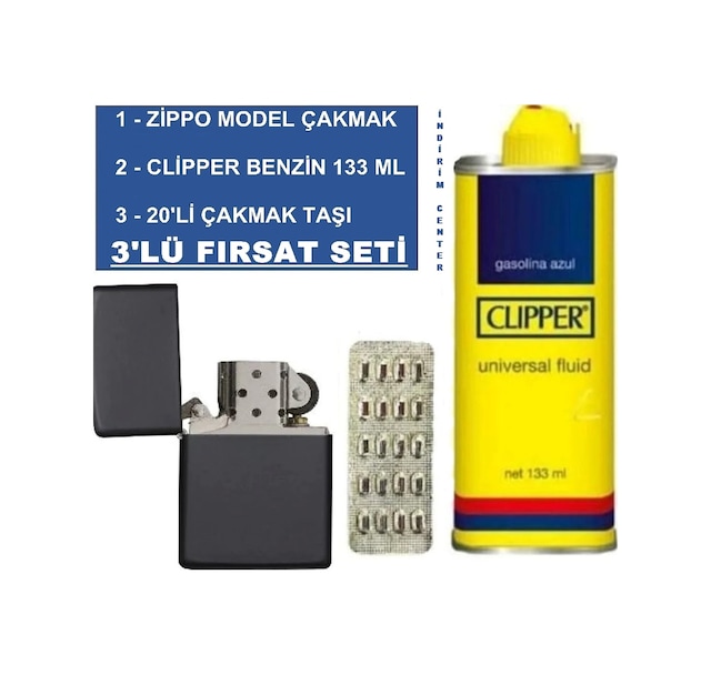 Zippo Siyah Çakmak + Clipper Benzin 133 Ml + 20 Li Çakmak Taşı