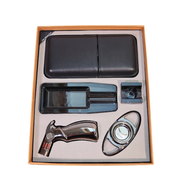 Parmida 4 Torch Pürmüz Çakmak Kılıf Küllük Kesici Sehpa Gümüş Siyah Beşli Puro Seti Tr10024