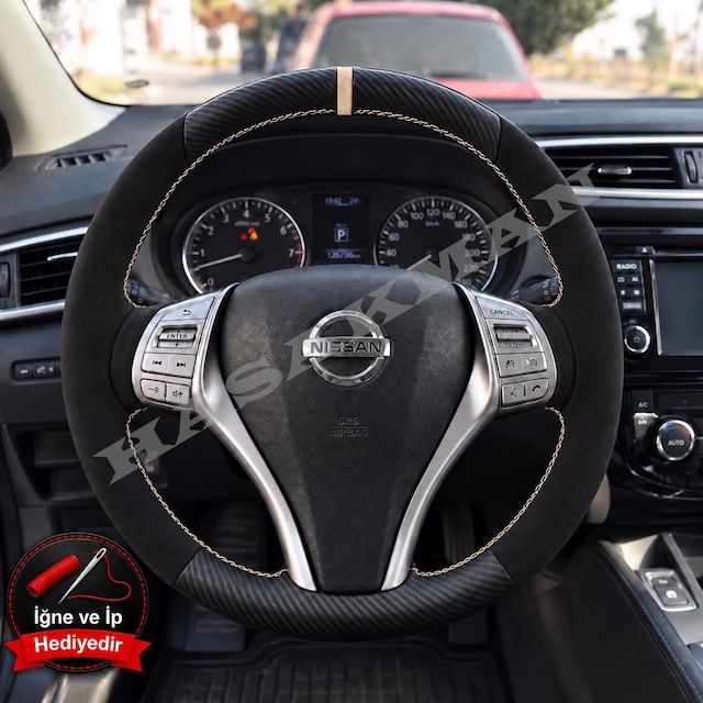 Nissan Qashqai Dikme Direksiyon Kılıfı Alcantara Süet Mat Karbon Bej Yüzük Ve Dikiş 2013-2017
