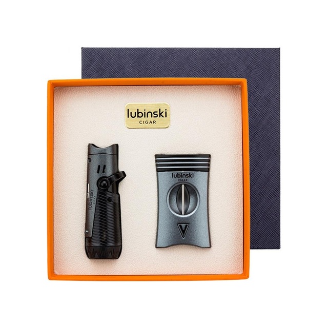 Lubinski Metal Gri Puro Seti 1 Torch Çakmak, 60 Ring V-cut Puro Kesici 8084at