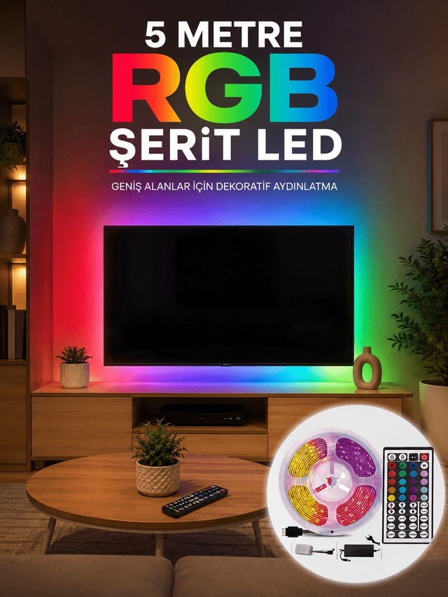 5 Metre Rgb Şerit Led 5050 Smd Uzaktan Kumandalı Renkli Dekoratif
