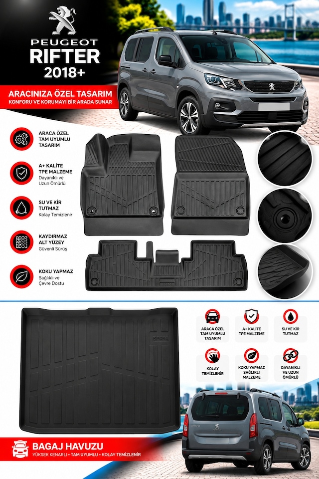 Peugeot Rifter 2019 Model Havuzlu Paspas Takımı + Bagaj Havuzu -modx-
