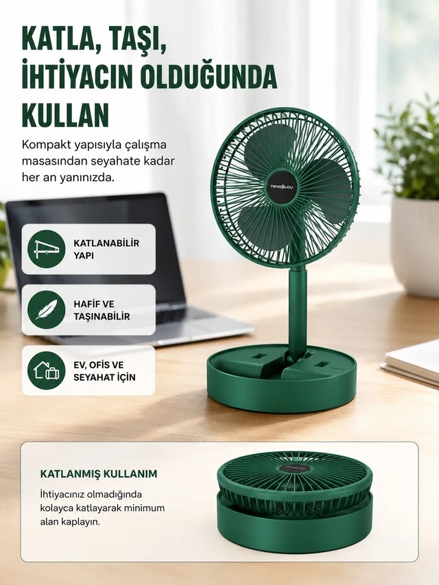 Ers Şarjlı Mini Fan Katlanabilir 3 Hız Ayarlı Taşınabilir Tasarımlı