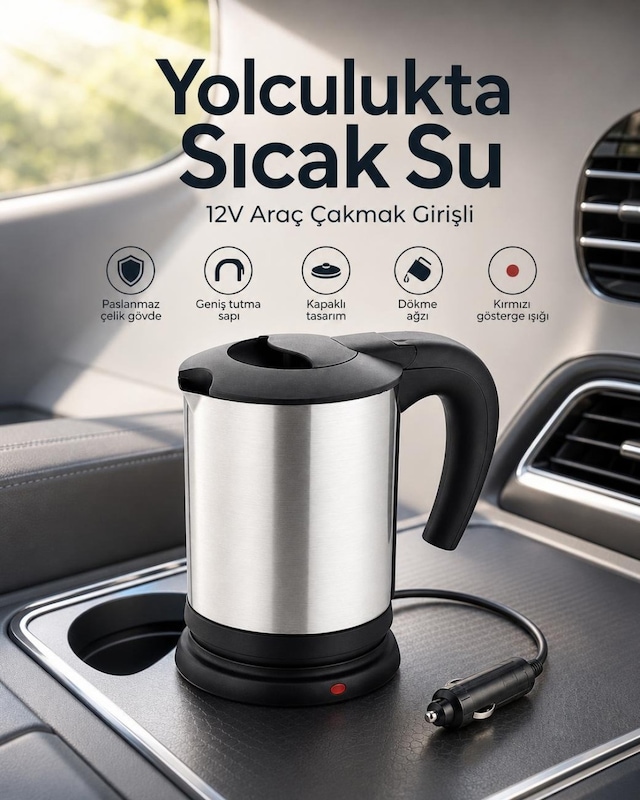 Uzun Yol İçin 12v Araç Çakmak Girişli Taşınabilir Paslanmaz Çelik Su Isıtıcı