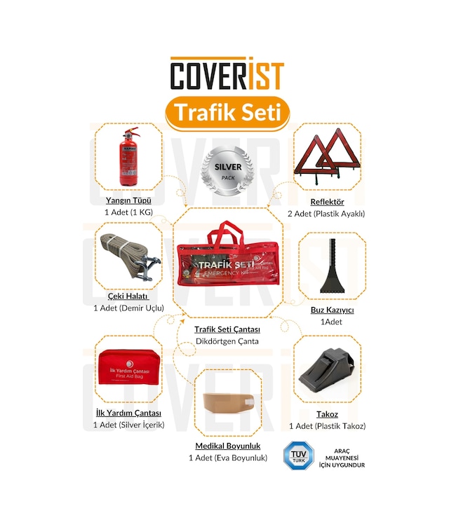 Trafik Ve İlk Yardım Seti - Muayene Uyumlu 1 Kg Araç Yangın Tüpü - 2 Adet Reflektör - Silver Pack