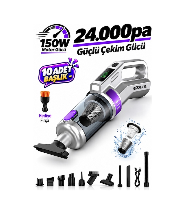 Ezere Powervac 24000pa Araç İçi Ve Ev Tipi Şarjlı Vakum Süpürge