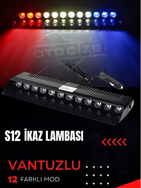 S12 Vantuzlu İkaz Lambası 12 Modlu Kırmızı Beyaz Mavi Led Acil Uyarı Işığı