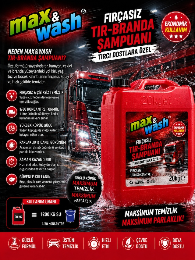 Max&wash 20 Kg Fırçasız Tır-branda Şampuanı 1/60 Konsantre Fırçasız Oto Yıkama Ve Branda Temizleyici