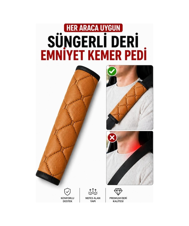 Her Araca Uygun Suni Deri Süngerli Emniyet Kemeri Pedi Taba