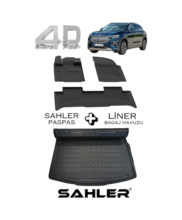 TOGG T10X Uyumlu SAHLER 4.5D PRO Premium Oto Paspas ve LİNER Marka 3D Kulaklı Bagaj Havuzu