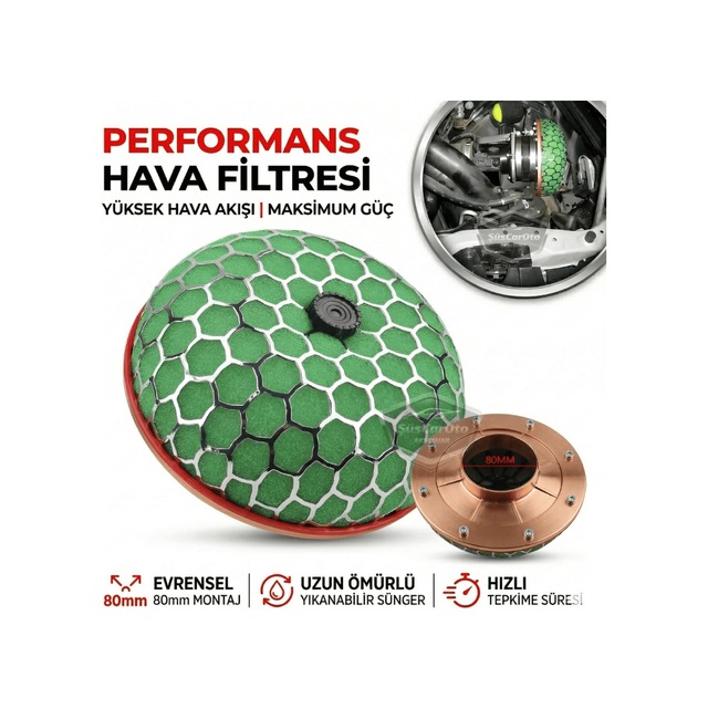 Hks Universal Performans Ve Ses Arttırıcı Aparatlı Açık Hava Filtresi +6 Hp Yeşil Mantar Tip 80 Mm