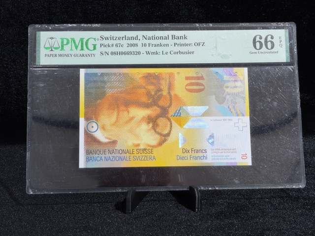 İsviçre 2008 10 Frank Pmg 66 Epq Sertifikalı Banknot Pıck 67c