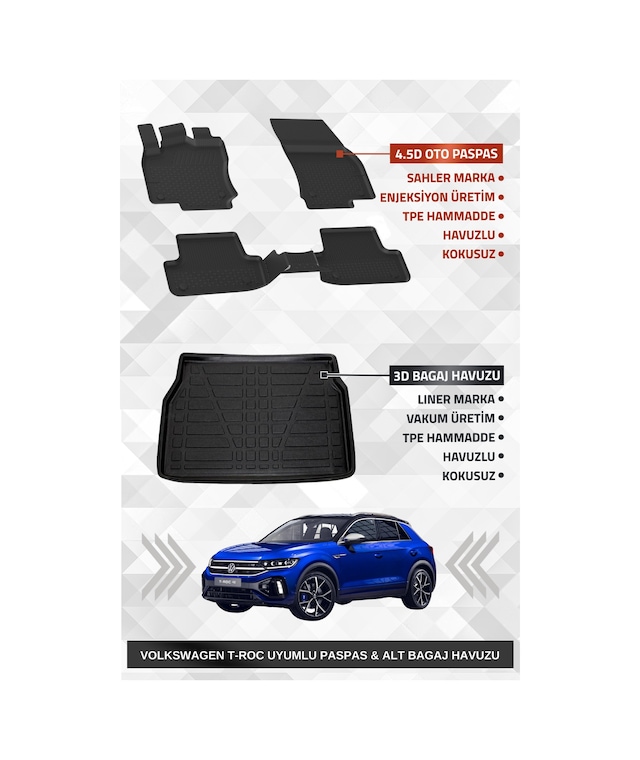 Sahler Volkswagen T-Roc 2019-2025 Uyumlu 4.5D Sahler Premium Paspas + Liner Marka 3D ALT Bagaj Havuzu - Volkswagen T-Roc