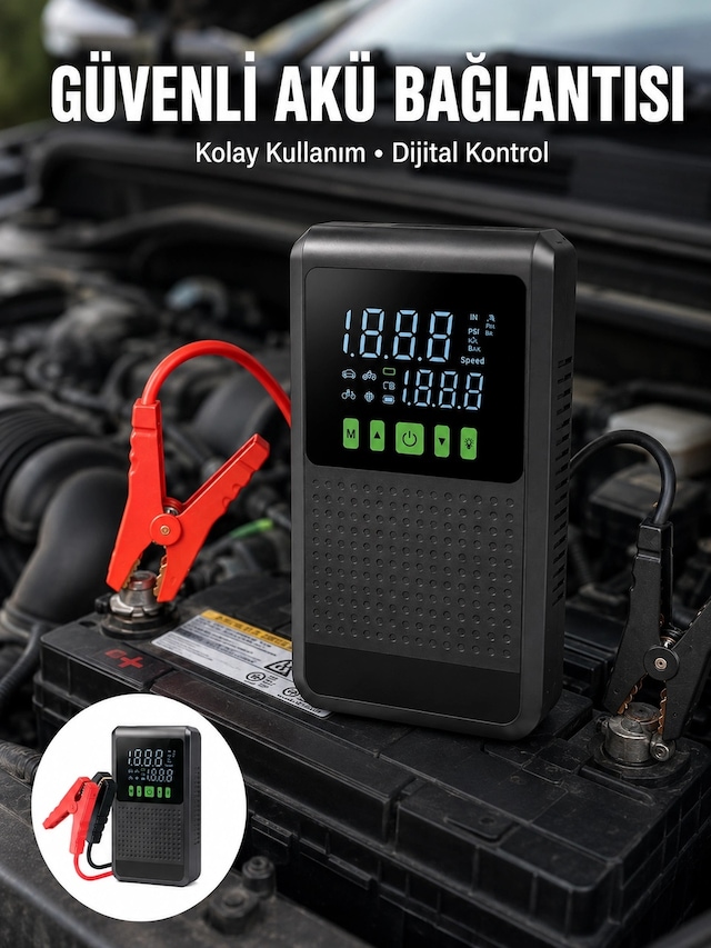 Mey İthalat 12.000 Mah Şarjlı Araç Akü Takviye Ve Işıklı Hava Kompresörü Yeni Nesil