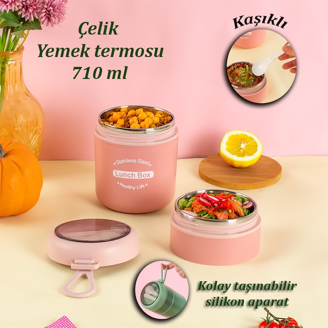 Porsima 66720 Çelik Yemek Termosu Lunch Box Yemek Kabı Pembe 710m