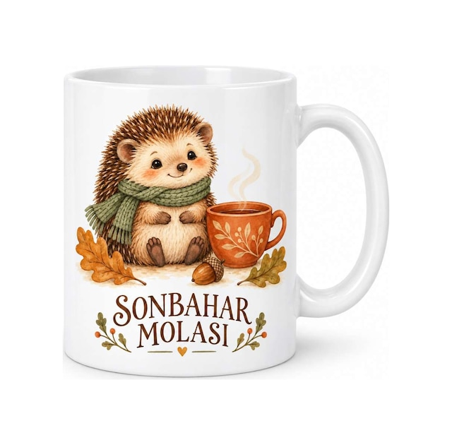 Sonbahar Molası Kirpi Tasarımlı Porselen Kupa - Yaprak Ve Kahve Temalı - Model 258