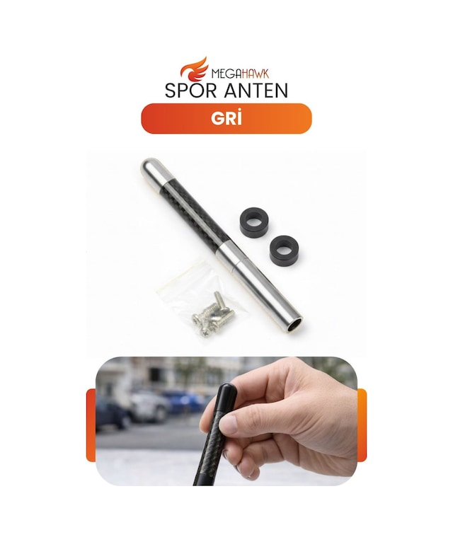 Spor Anten Gri Karbon Görünümlü Universal Kısa Oto Anten Vidalı